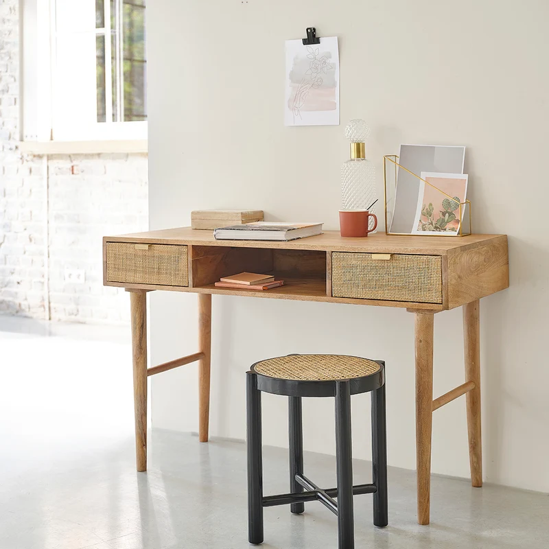 Bureau en manguier massif et cannage 120 cm