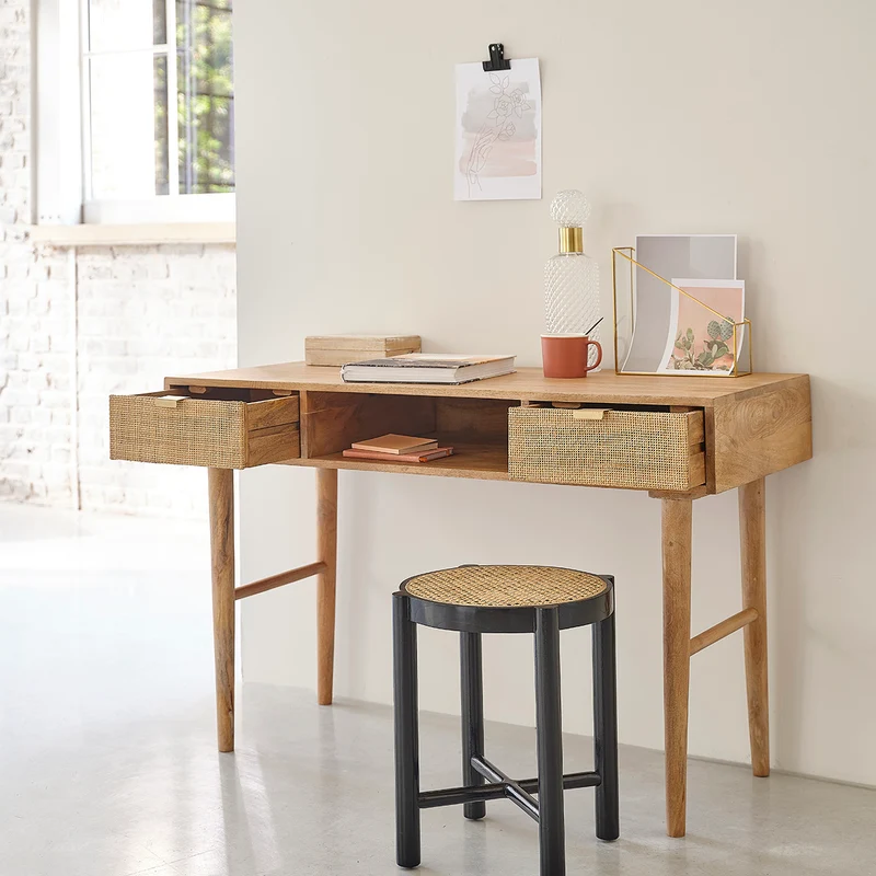 Bureau en manguier massif et cannage 120 cm