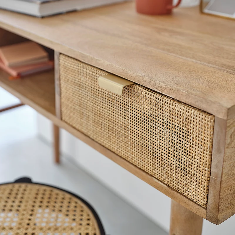 Bureau en manguier massif et cannage 120 cm