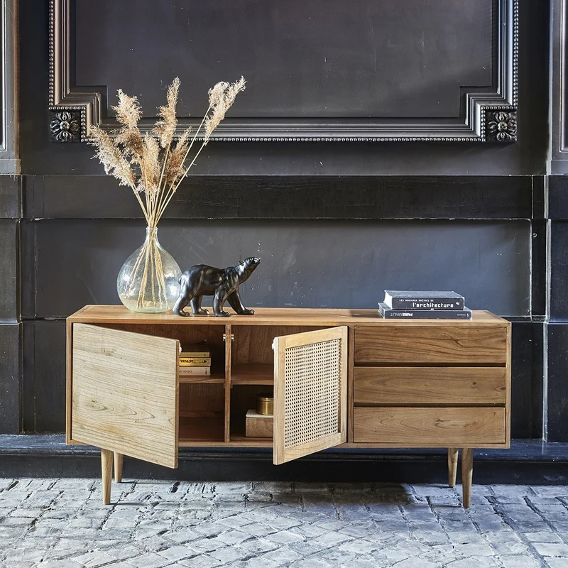 Commode en mindi massif et cannage 175 cm