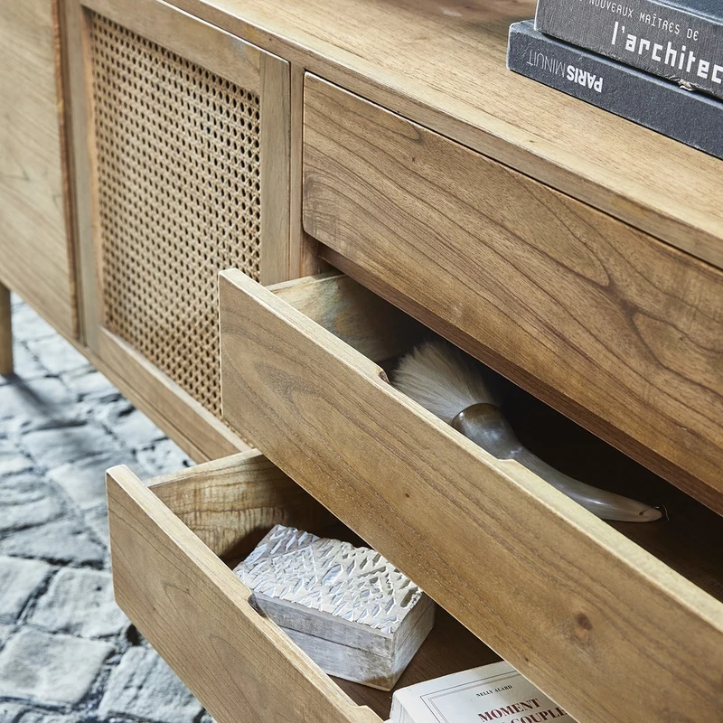 Commode en mindi massif et cannage 175 cm