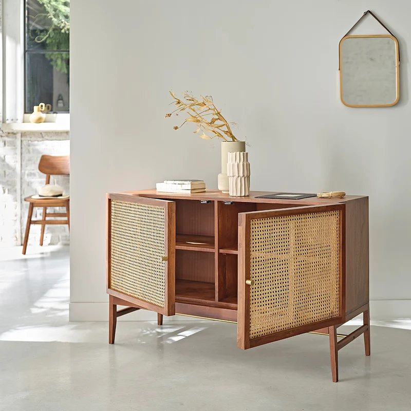 Commode en acacia massif finition noyer et cannage 120 cm
