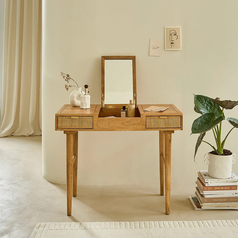 Bureau en manguier massif et cannage 90 cm