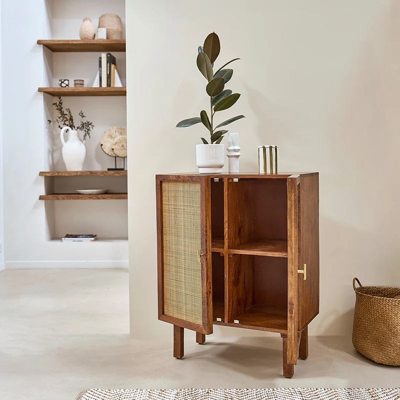 Buffet en manguier massif et cannage finition noyer 68 cm