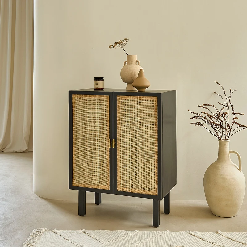 Buffet en manguier massif noir et cannage 68 cm