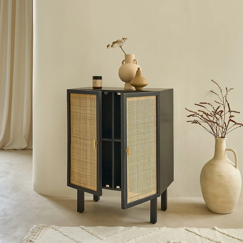 Buffet en manguier massif noir et cannage 68 cm