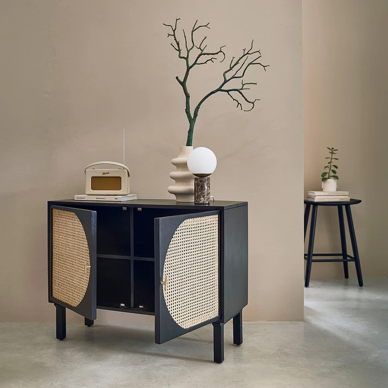 Buffet en manguier massif noir et cannage 100 cm