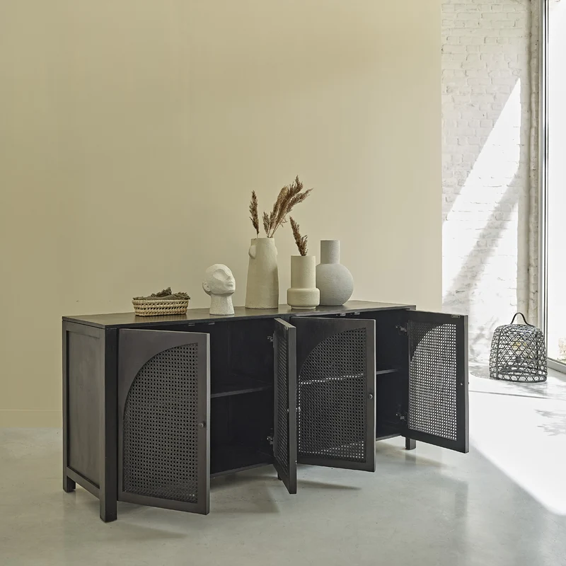 Buffet en manguier massif et cannage noir 175 cm