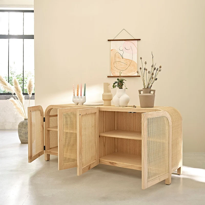 Buffet en mindi massif et cannage 190 cm