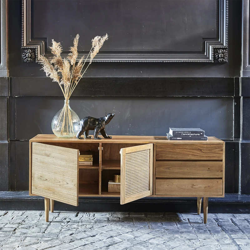 Buffet en mindi massif et cannage 175 cm