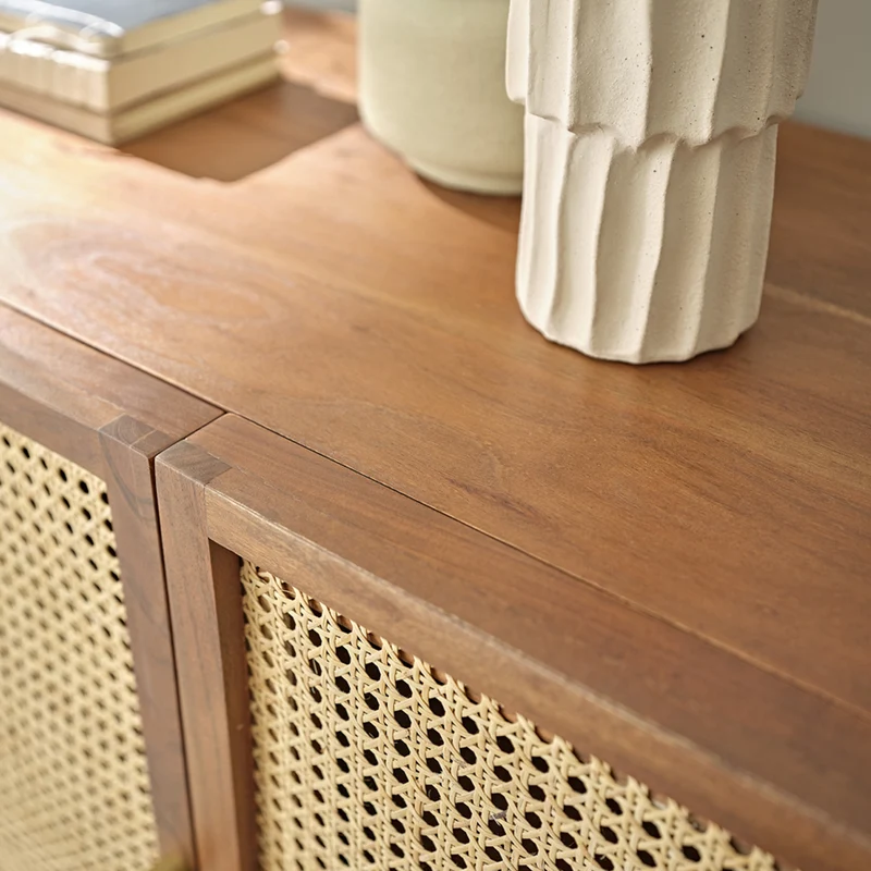 Buffet en acacia massif finition noyer et cannage 120 cm