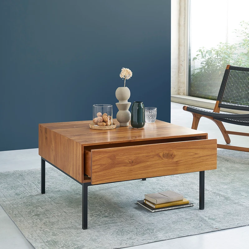 Table basse en teck massif et métal 70 cm