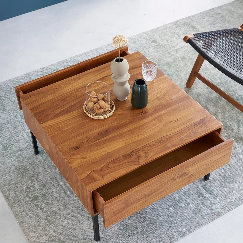 Table basse en teck massif et métal 70 cm