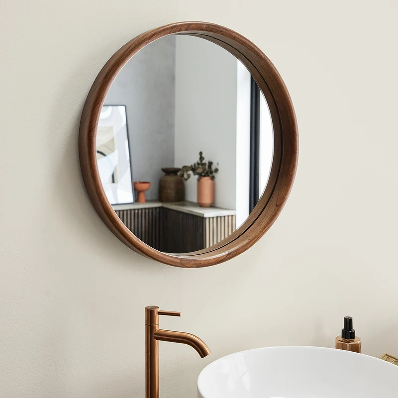 Miroir en mindi massif finition noyer rond Ø50 cm