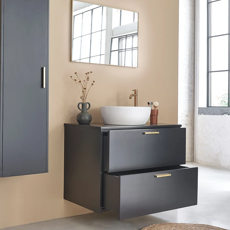 Meuble sous vasque en acacia massif suspendu 80 cm noir