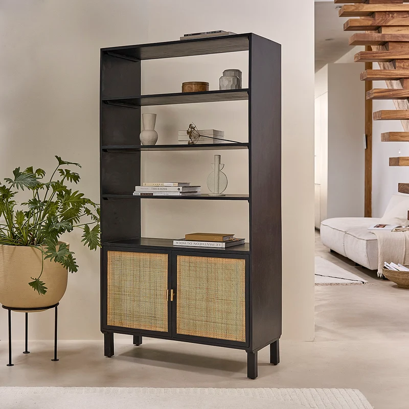 Bibliothèque en manguier massif noire et cannage 170 cm