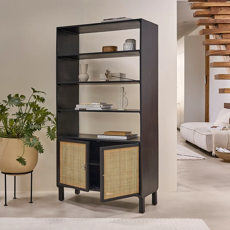Bibliothèque en manguier massif noire et cannage 170 cm
