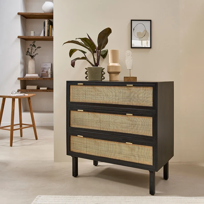 Commode en manguier massif et cannage noire 90 cm