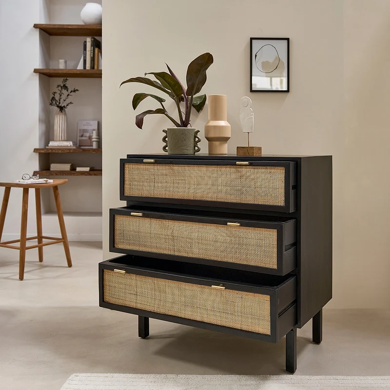 Commode en manguier massif et cannage noire 90 cm
