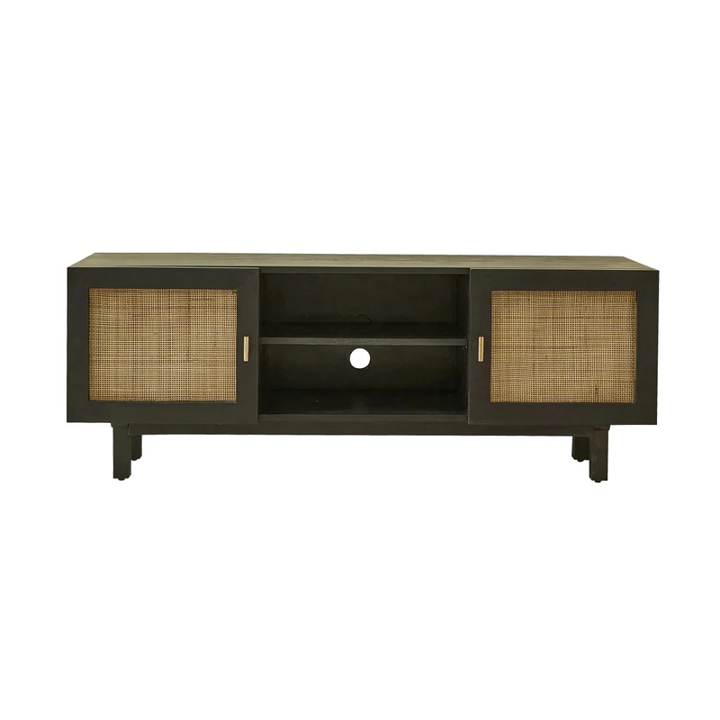 Meuble TV en manguier massif noir et cannage 140 cm