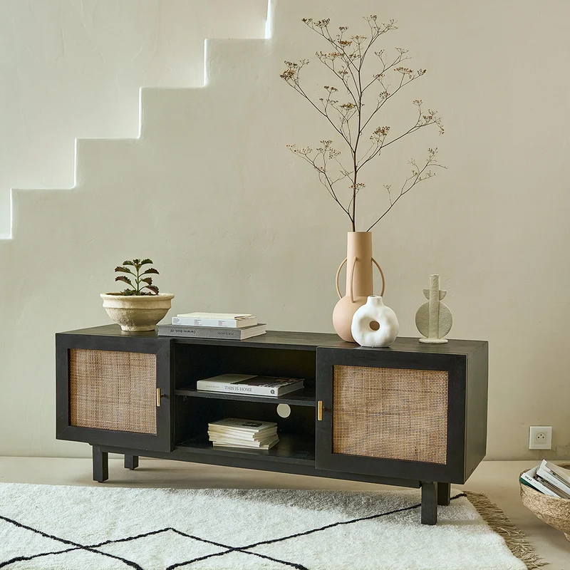 Meuble TV en manguier massif noir et cannage 140 cm
