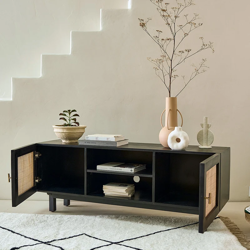 Meuble TV en manguier massif noir et cannage 140 cm
