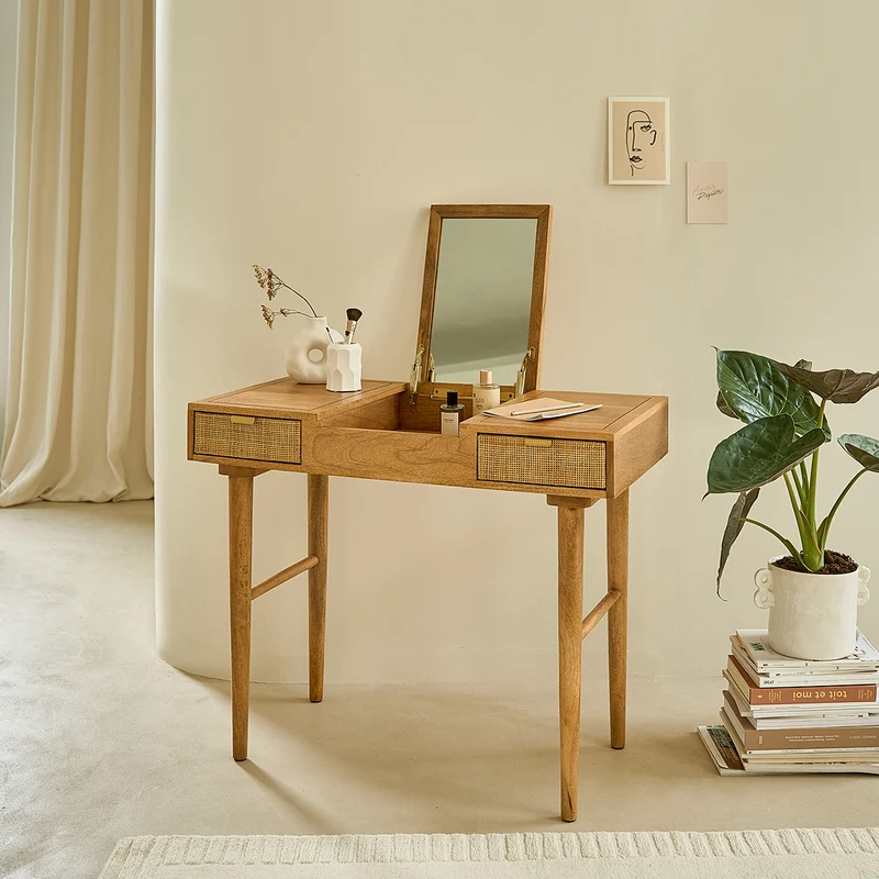 Coiffeuse en manguier massif et cannage 90 cm