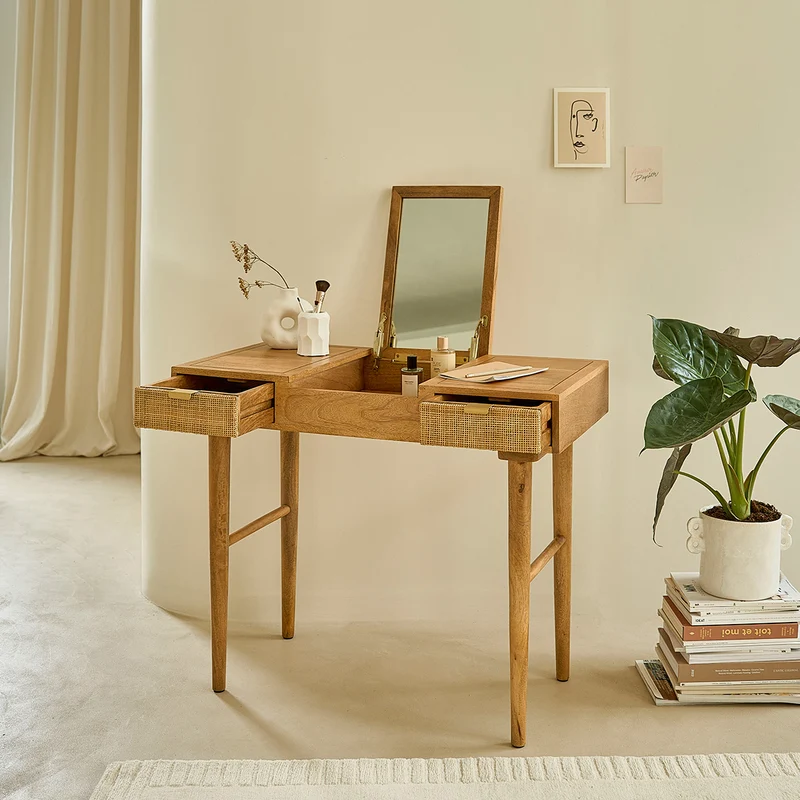 Coiffeuse en manguier massif et cannage 90 cm