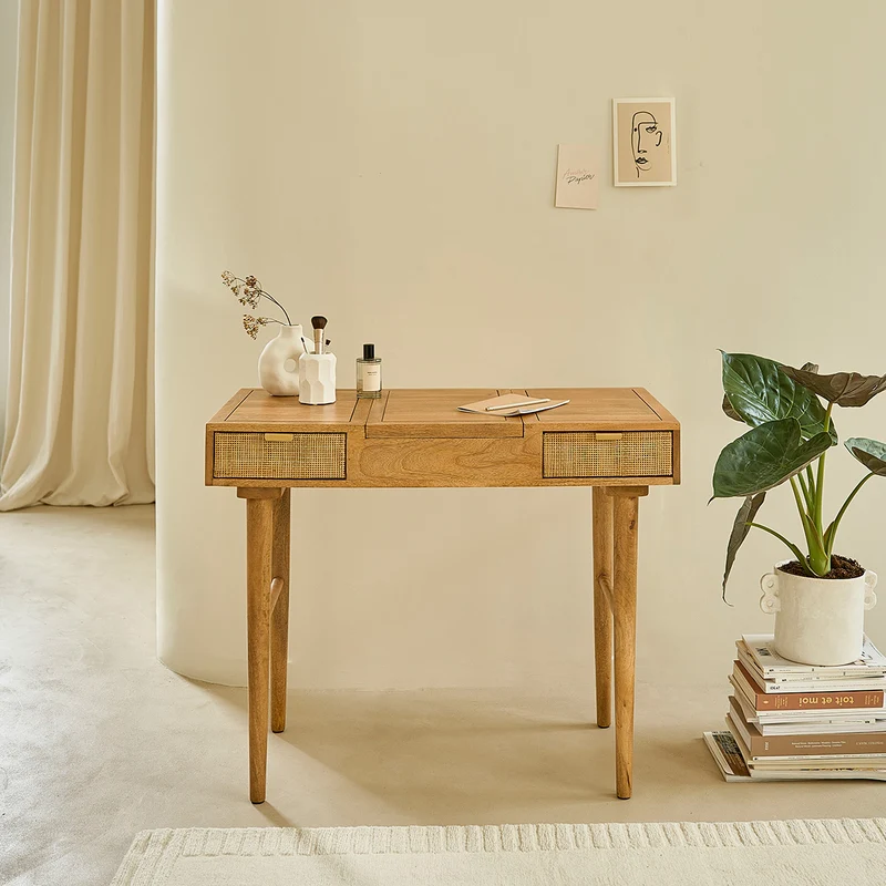 Coiffeuse en manguier massif et cannage 90 cm