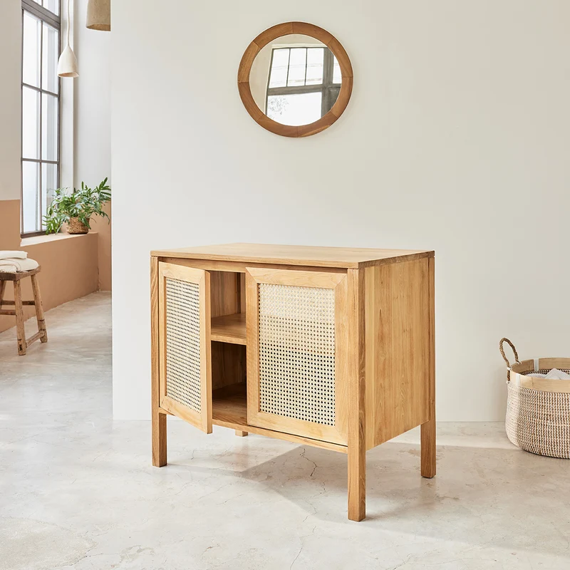 Meuble sous vasque en teck massif et cannage 90 cm