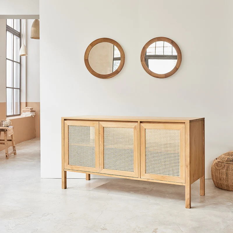 Meuble sous vasque en teck massif et cannage 145 cm