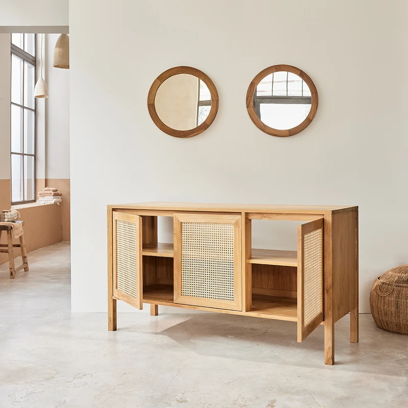 Meuble sous vasque en teck massif et cannage 145 cm