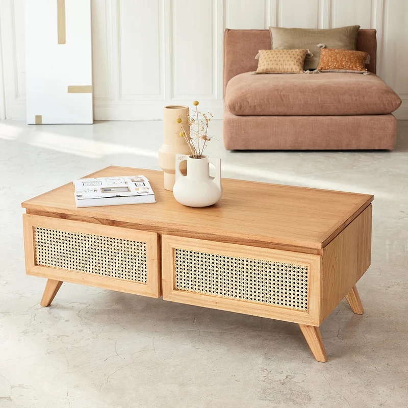 Table basse en mindi massif et cannage 110 cm