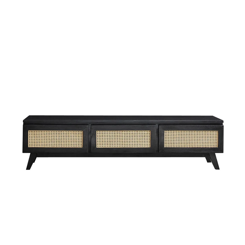 Meuble TV en mindi massif et cannage noir 160 cm