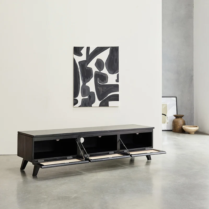 Meuble TV en mindi massif et cannage noir 160 cm