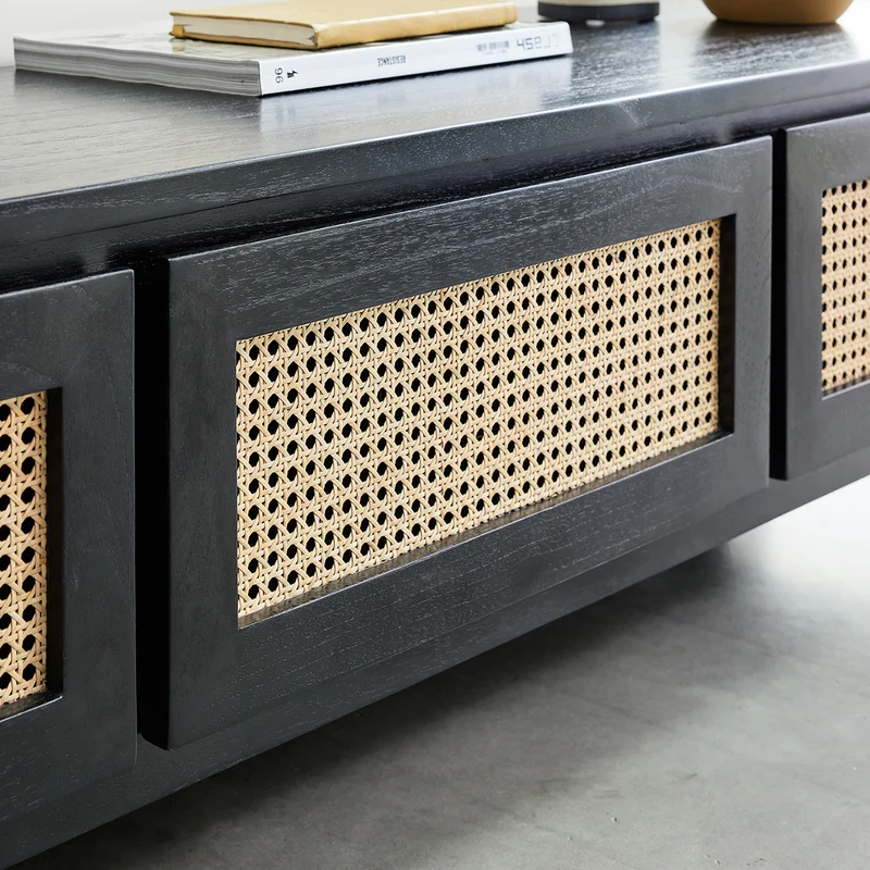 Meuble TV en mindi massif et cannage noir 160 cm