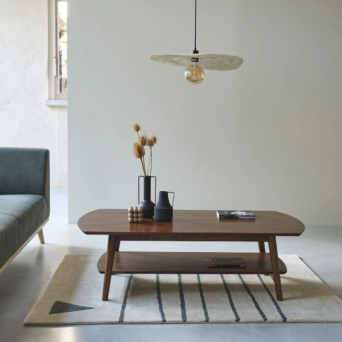 Table basse en mindi massif finition noyer 130 cm