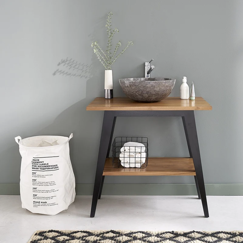 Meuble de salle de bain en teck massif pieds noirs 80 cm