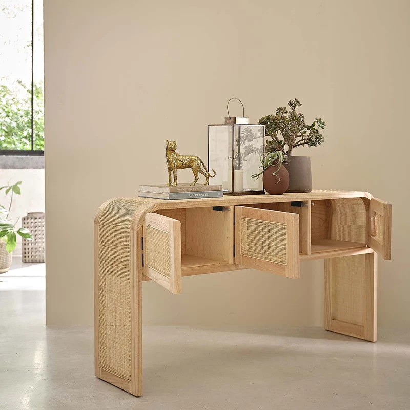 Console en mindi massif et cannage 140 cm