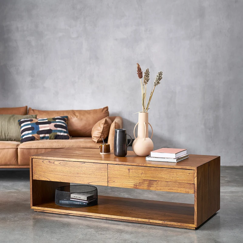 Table basse en mindi massif finition noyer 140 cm