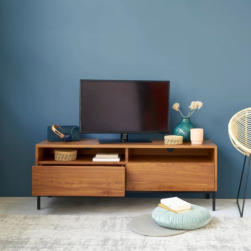 Meuble TV en teck massif et métal 140 cm