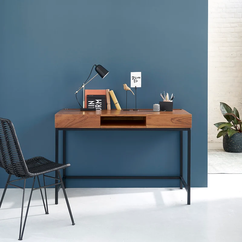 Bureau en teck massif et métal 120 cm