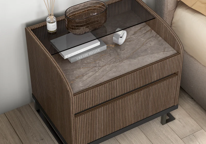 Table de nuit bois rainuré & marbre – Hexagon