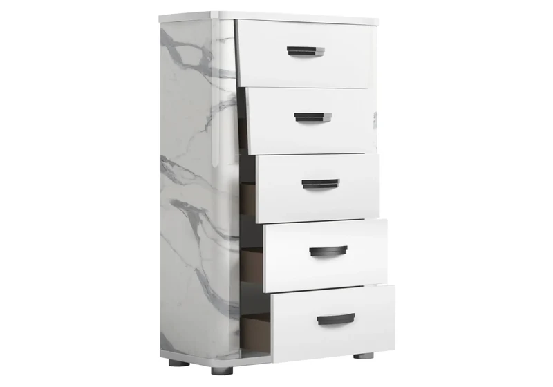 Chiffonnier 5 tiroirs blanc laqué et décor marbre - Anna
