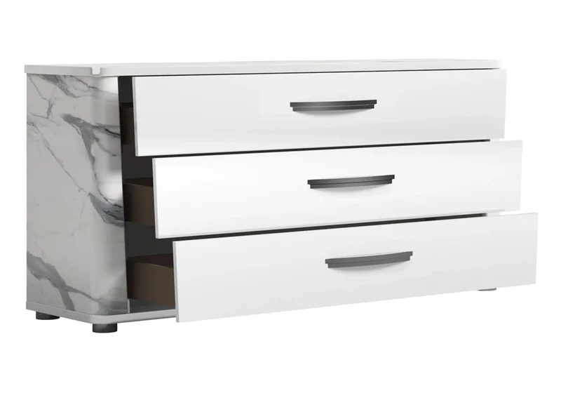 Commode 3 tiroirs blanc laqué et décor marbre - Anna