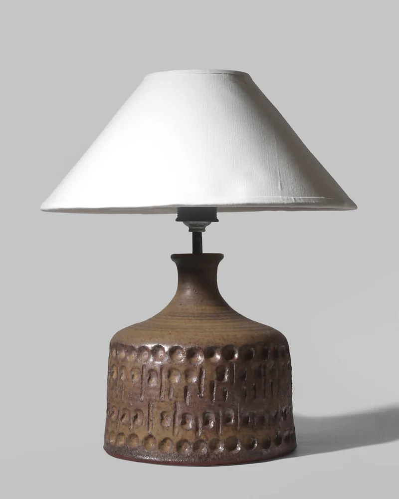 Vintage Ethnic Relief Ceramic White Shade Table Lamp, 1960s