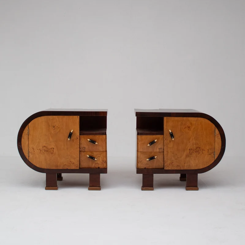 Pair of Art Deco Nightstands with Burl Wood Fronts