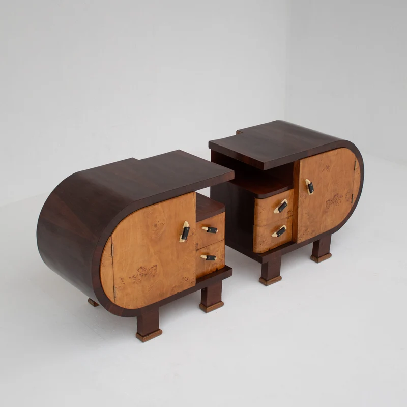 Pair of Art Deco Nightstands with Burl Wood Fronts
