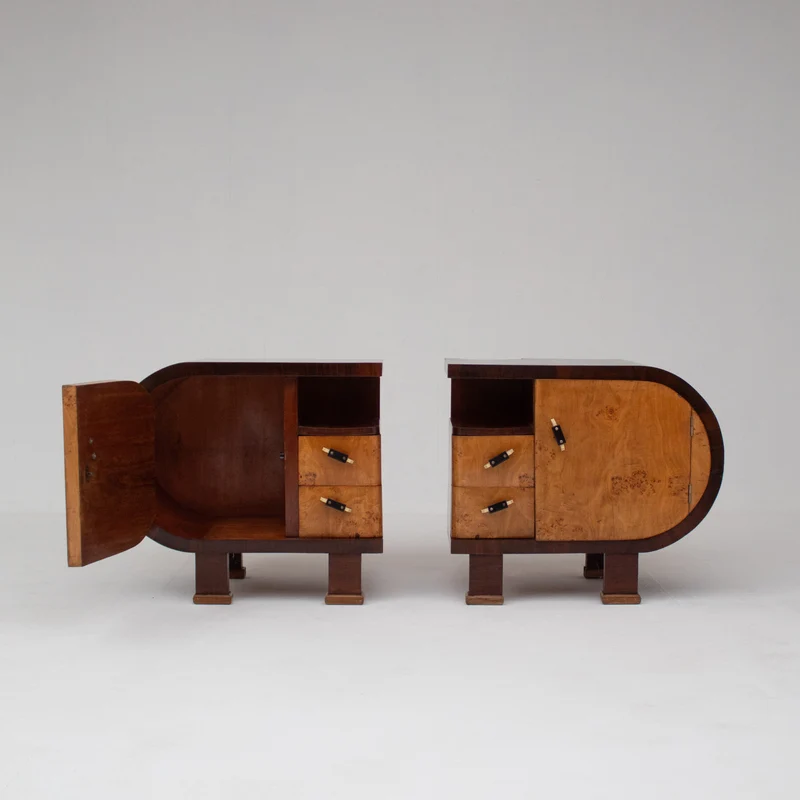Pair of Art Deco Nightstands with Burl Wood Fronts