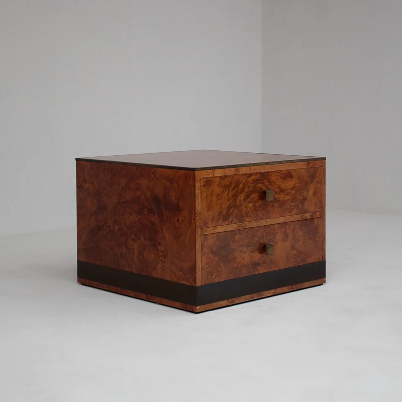 Vintage Burl Wood Cube Cabinet with Two Drawers
